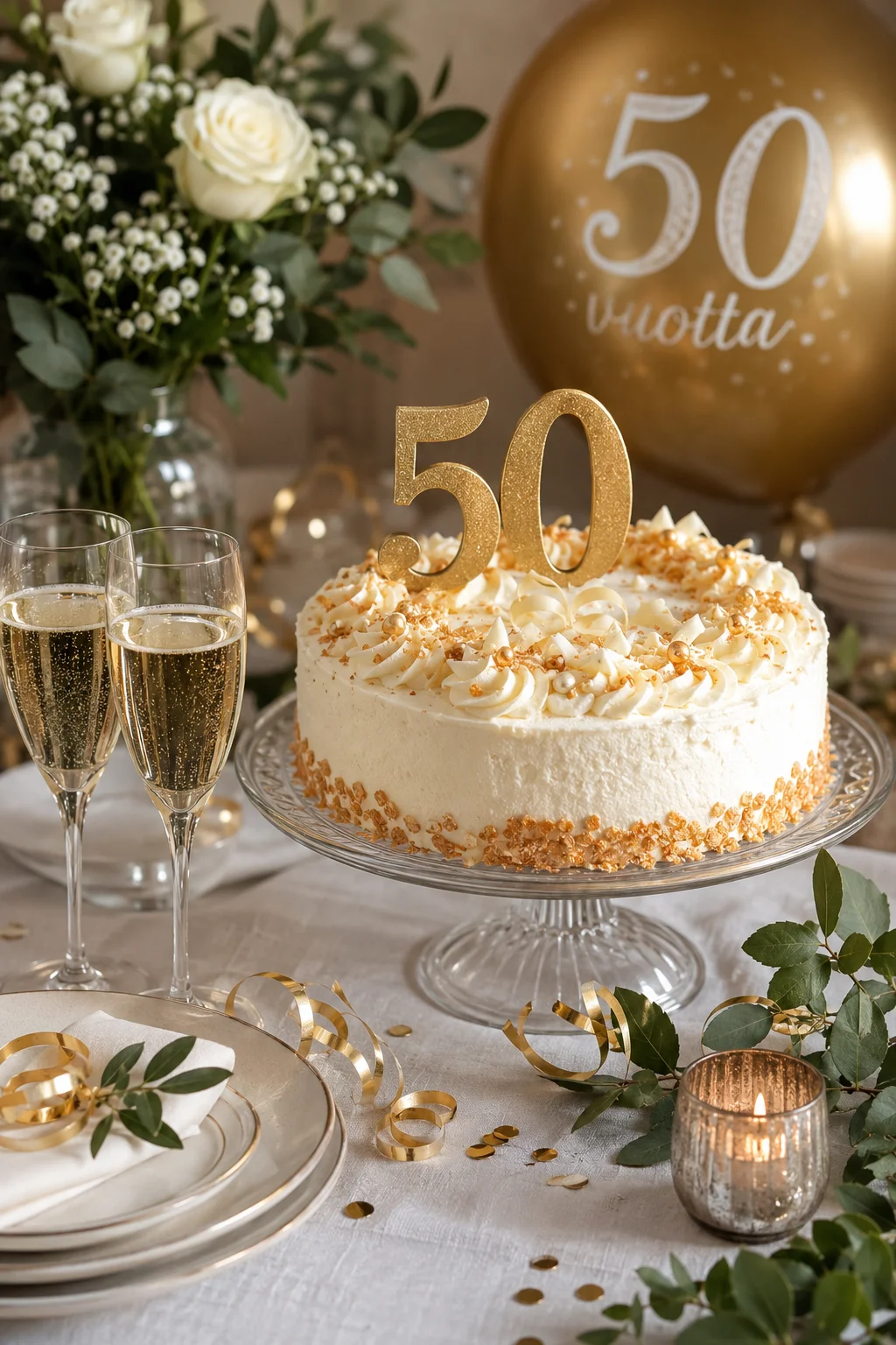 50-vuotisjuhlien juhlapöytä, täytekakku ja onnittelumaljoiksi katetut kuohuviinilasit