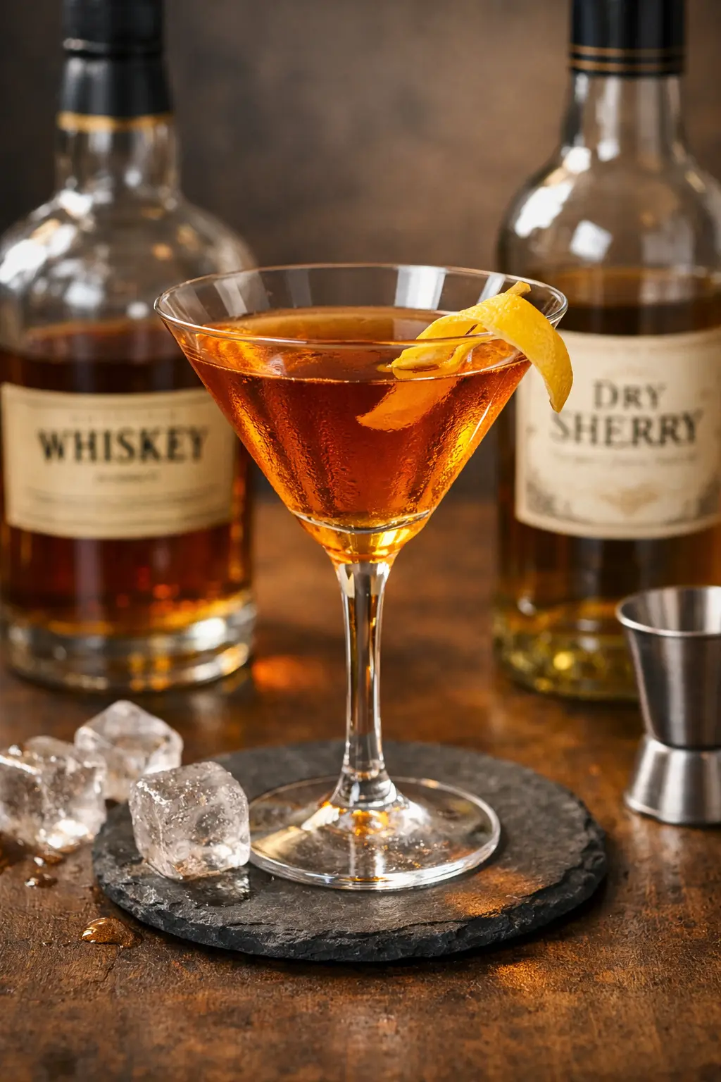 Aperitif Ernest cocktail viskistä ja kuivasta sherrystä cocktaillasiin kaadettuna