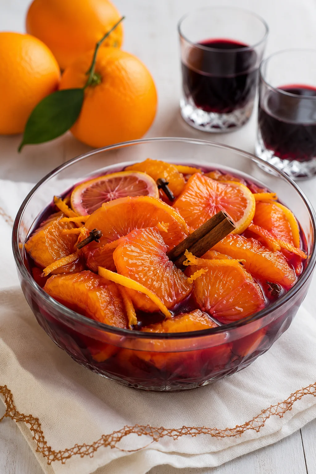 Appelsiinia punaviinissä - raikas jälkiruoka mausteisella punaviinisiirapilla Appelsiinia punaviinissä, appelsiinilohkoja mausteisessa punaviinisiirapissa