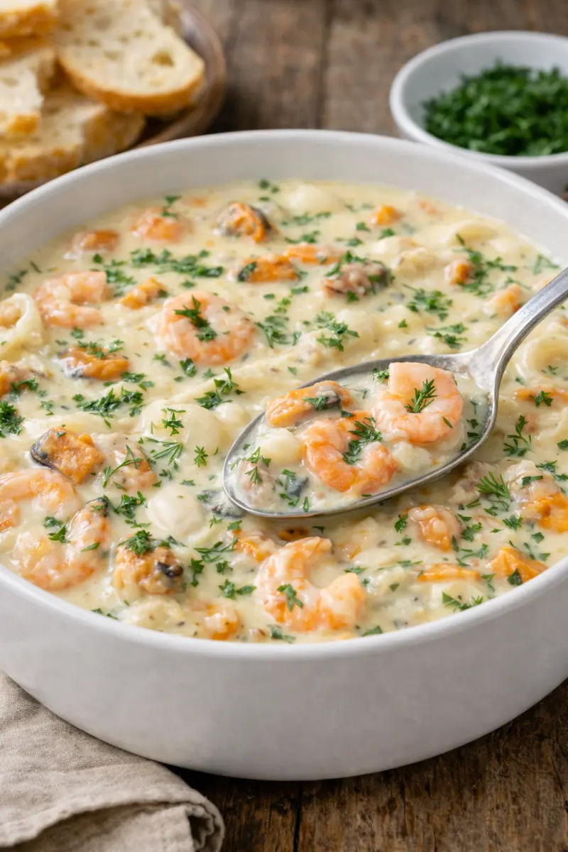 Äyriäismuhennos kulhossa tarjoiluvalmiina