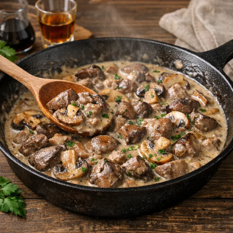 Broilerinmaksamuhennosta pannussa