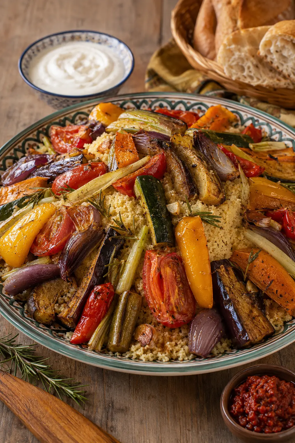Casablancalainen couscous paahdetuilla kasviksilla tarjoiluvadilla