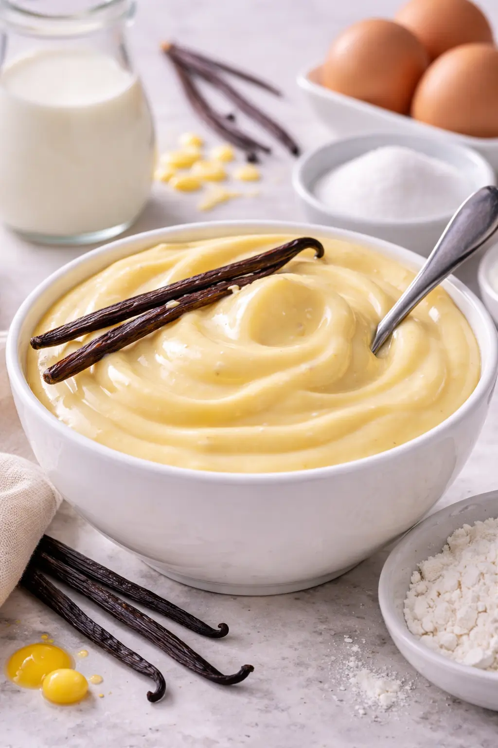 Crème pâtissière kulhossa, sileä vaniljakreemi ja vaniljatanko