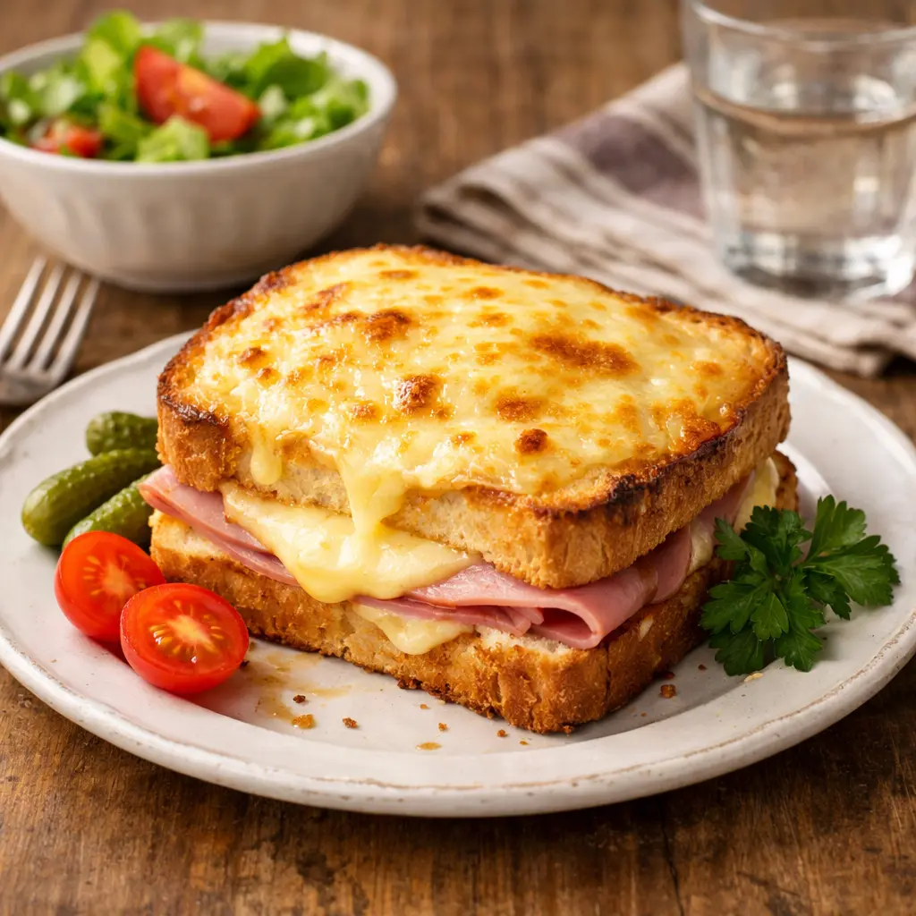 Croque Monsieur -voileipä lautasella, päällä sulanutta juustoa ja kinkkua