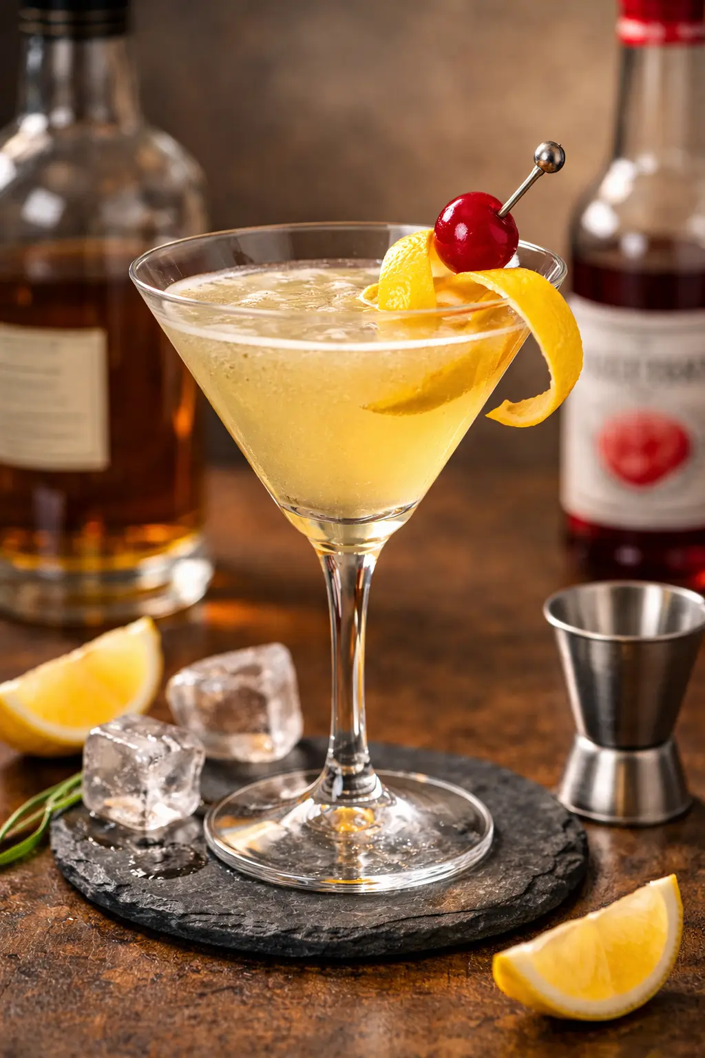 Crow cocktail viskistä, sitruunamehusta ja grenadiinista cocktaillasiin kaadettuna.