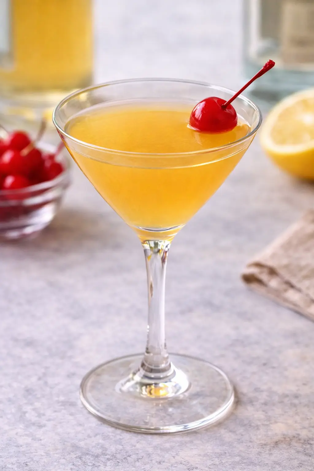 Gé Gé cocktail cocktaillasissa kirsikalla koristeltuna