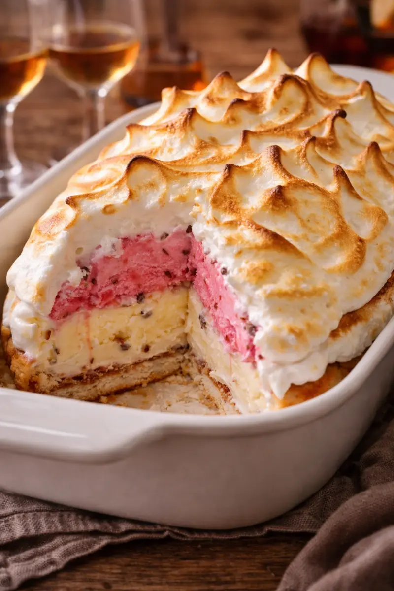 Glace au Four -jälkiruoka mansikkasorbetilla ja paistetulla marengilla