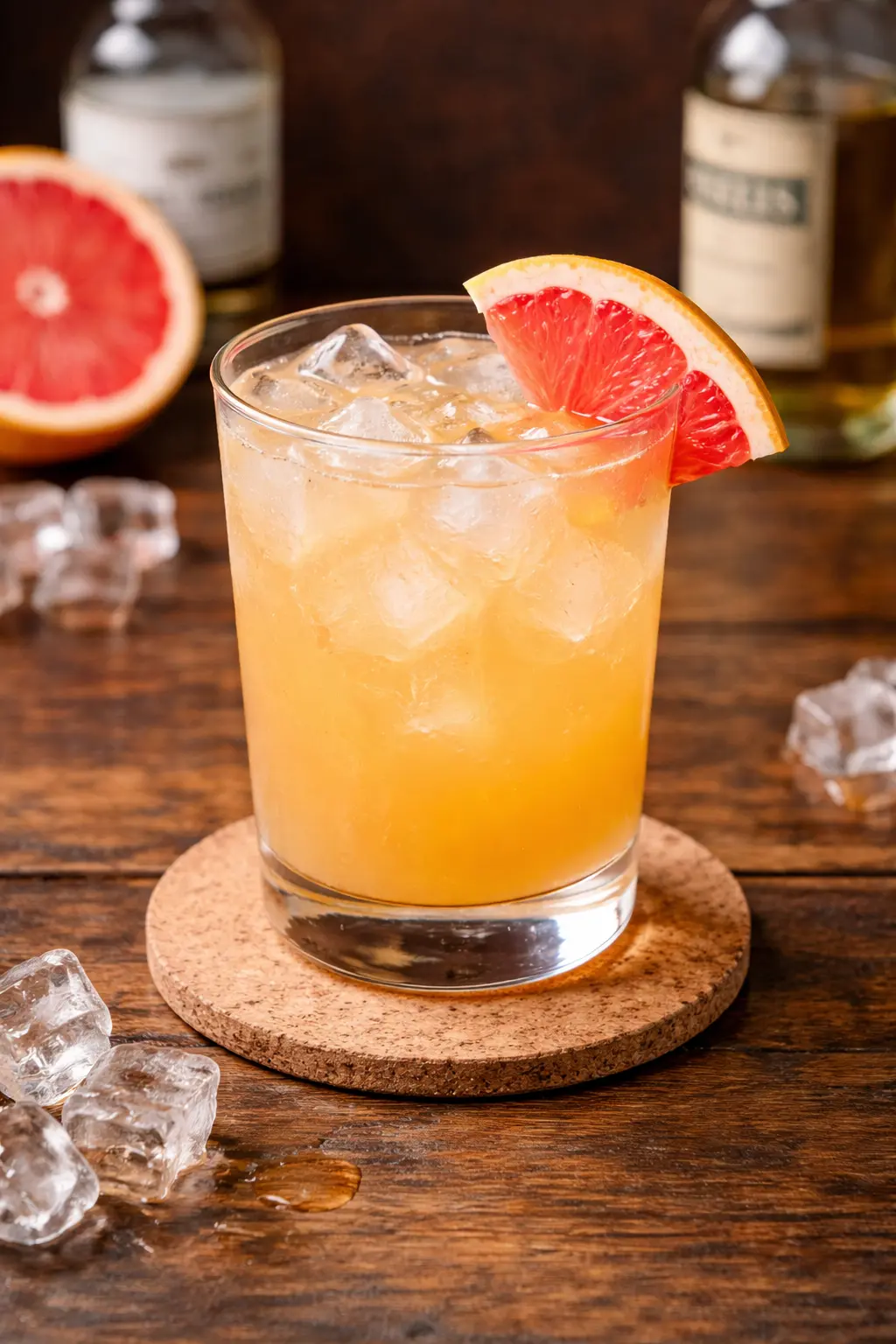 Golden Screw cocktail jäillä lasissa greippiviipaleen kanssa