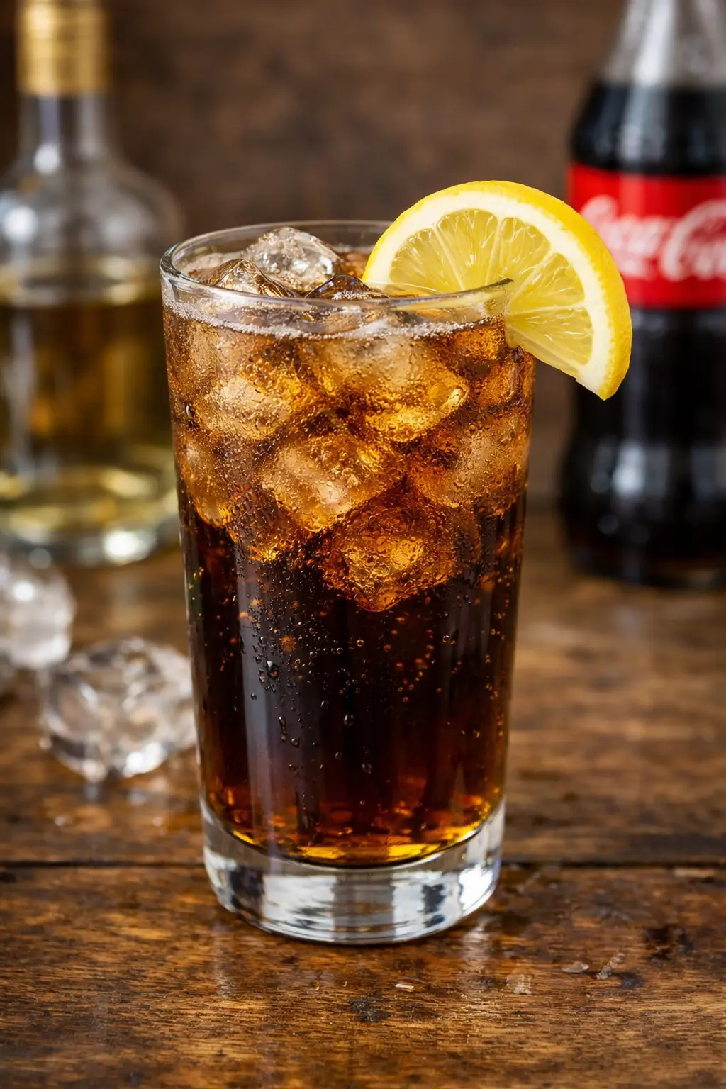 Rommijuoma jossa vaalea rommi, banaanilikööri ja coca-cola jäiden kanssa grogilasissa