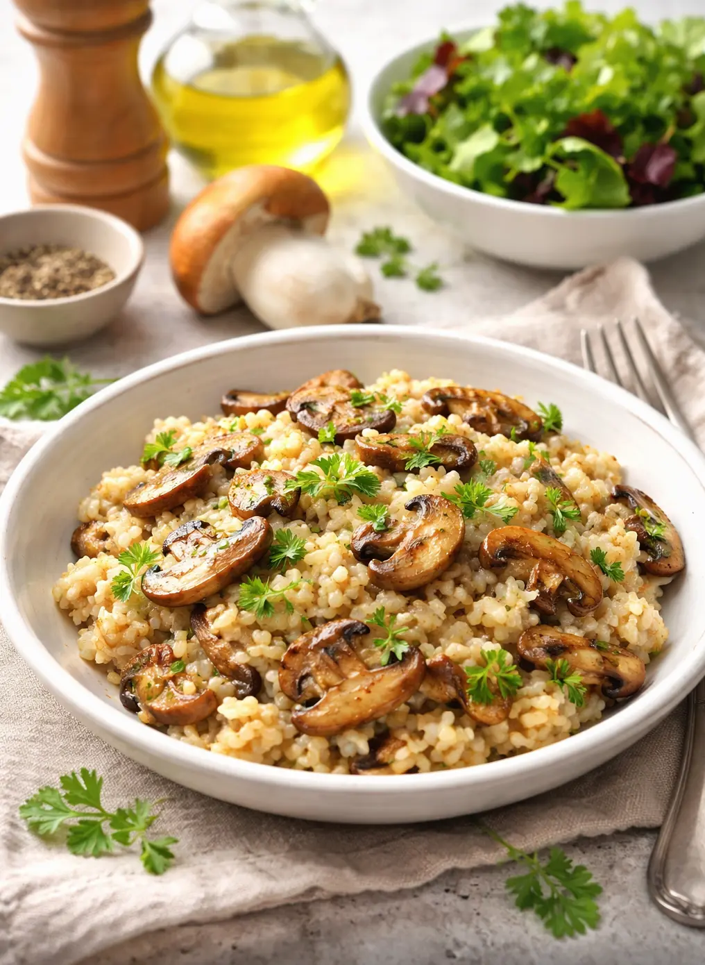 Herkkutattirisotto lautasella, paistettuja herkkutatteja ja riisiä