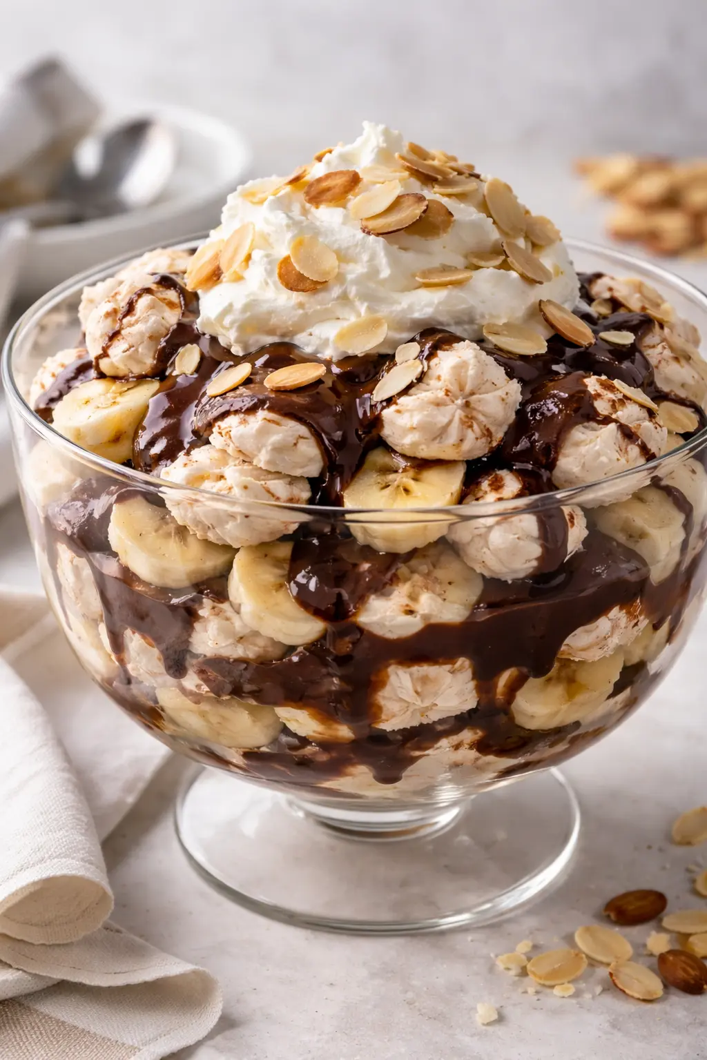 Hovijälkiruoka lasikulhossa, kerroksittain mantelimarengia, banaania, suklaakastiketta ja kermavaahtoa