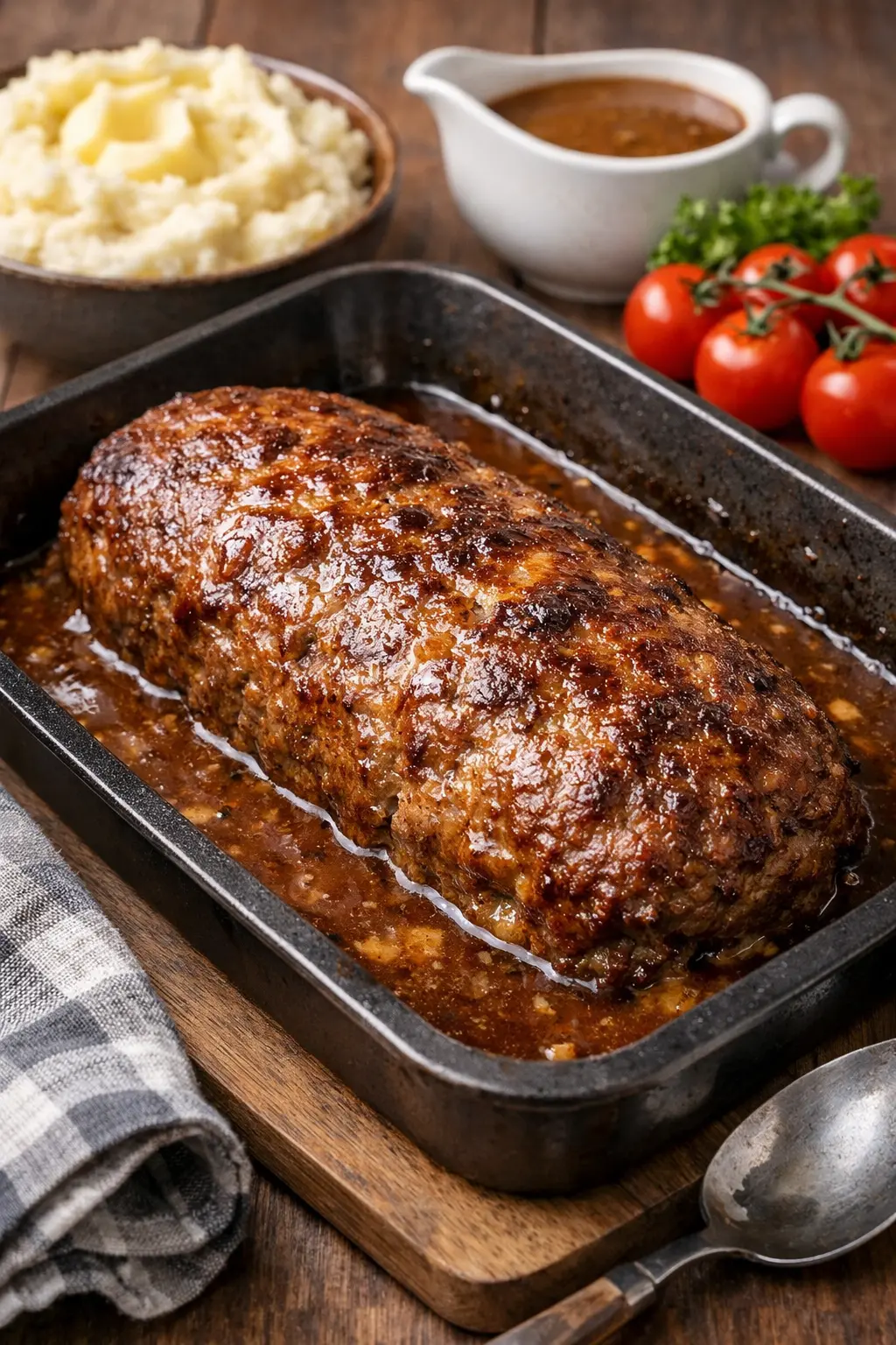 Uunissa paistettu jauhelihamureke vuoassa kastikkeen kanssa