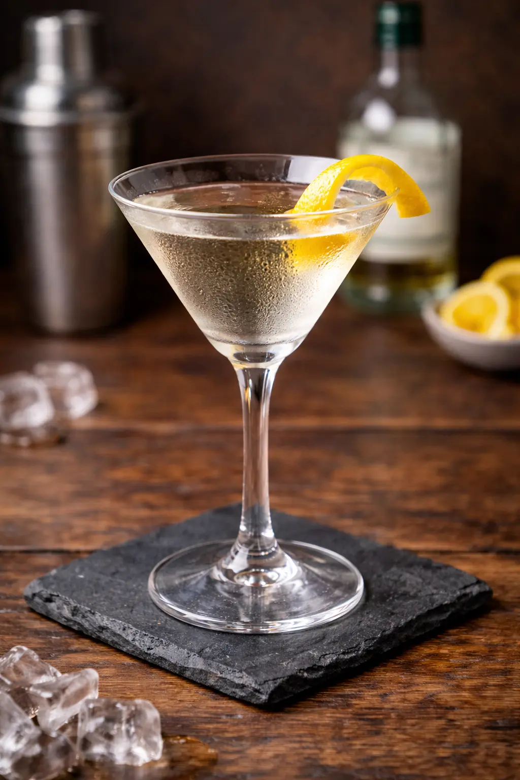 Kangaroo eli Vodkatini cocktail cocktaillasissa sitruunankuorella