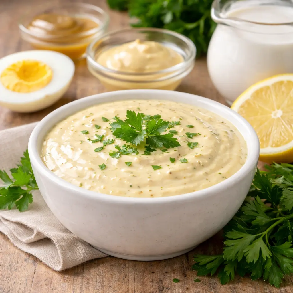 Kirpeä kastike kulhossa, vaalea keltuainen-sinappi-kerma seos, tarjoiluvalmis