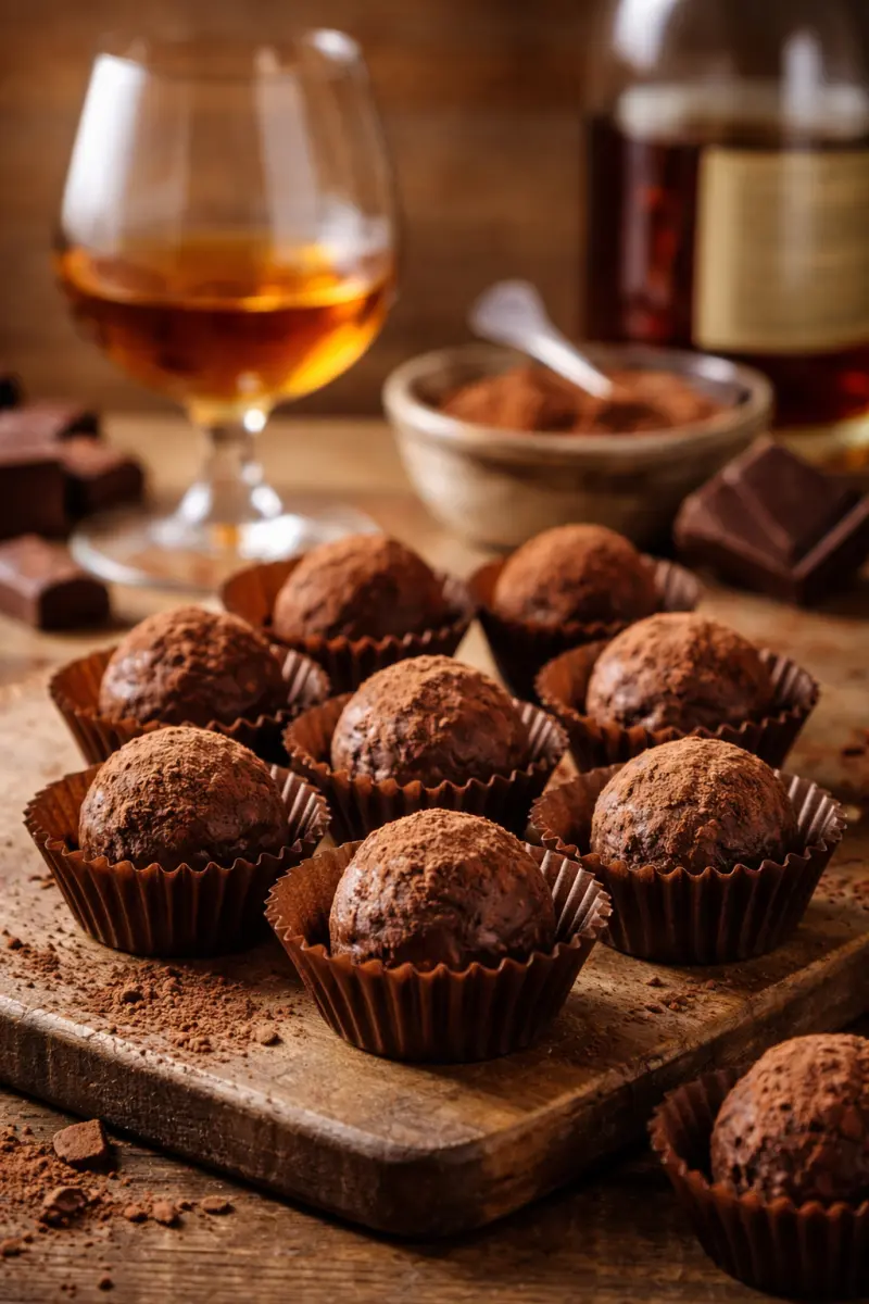 Kotitekoisia konjakkitryffeleitä paperivuoissa tarjoiluvadilla