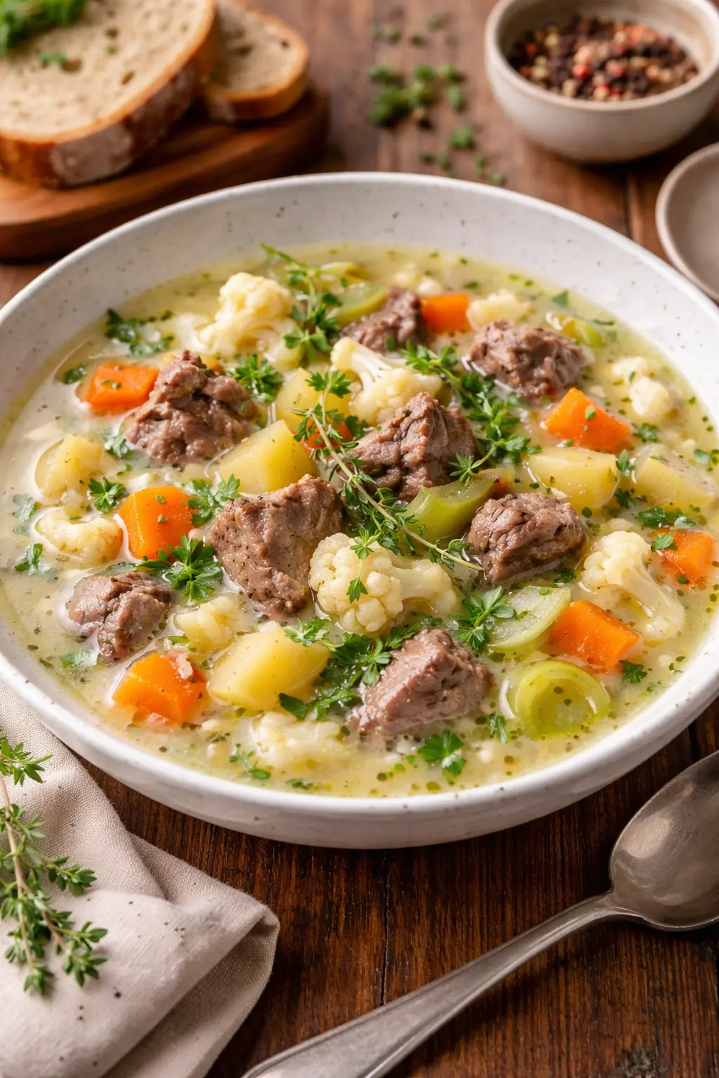 Lammaskeitto yrteillä ja juureksilla lautasella