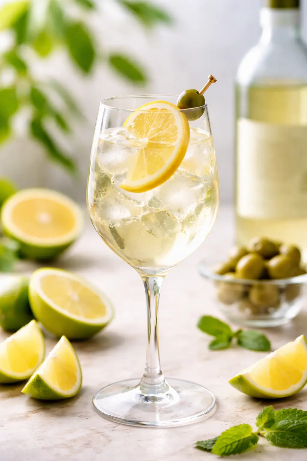 Limona viinilasissa jäiden kanssa