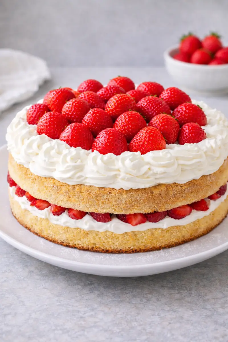 Mansikka-kermatorttu tarjoiluvalmiina