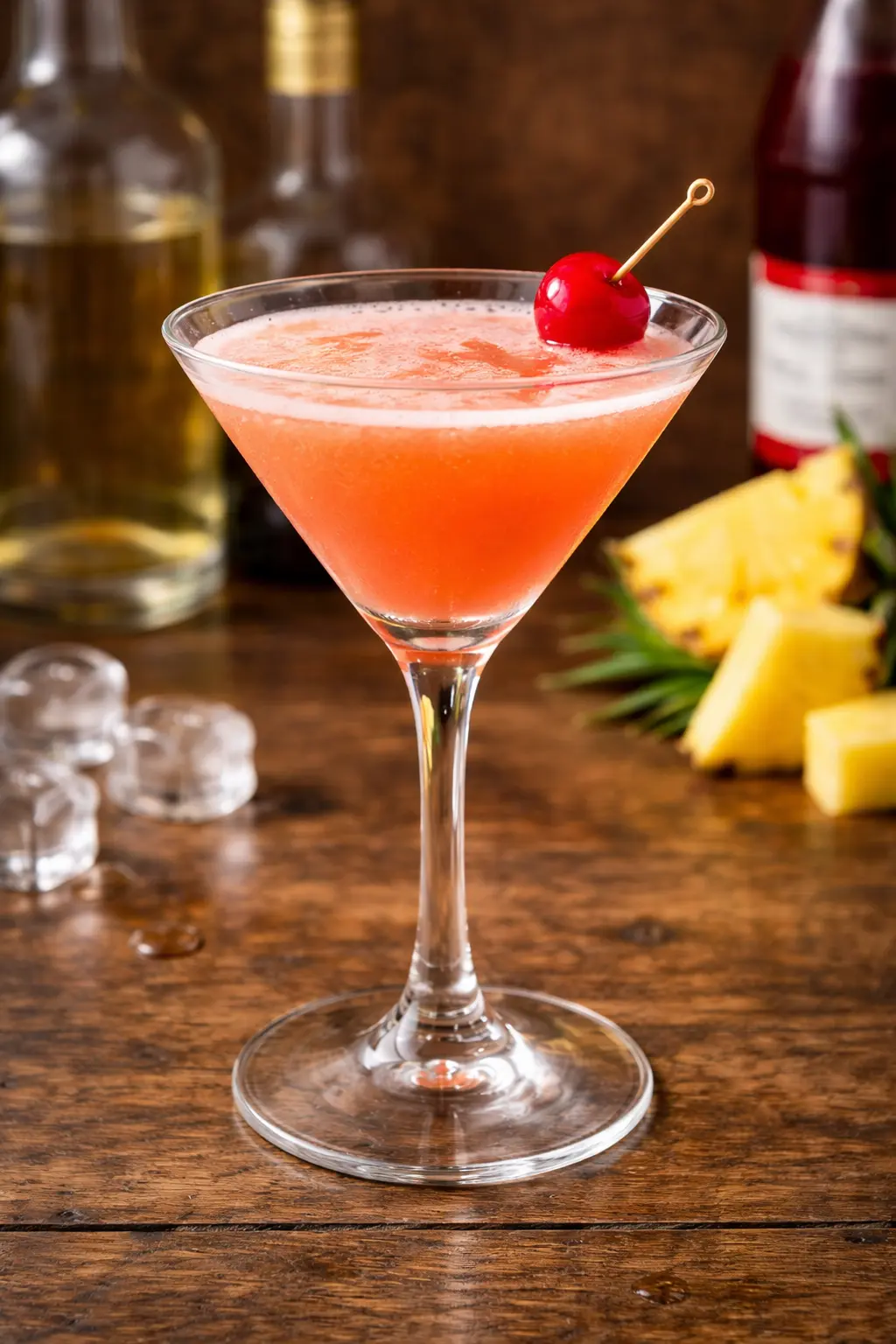 Mary Pickford cocktail cocktaillasissa jossa vaalea rommi, ananasmehu ja grenadiini