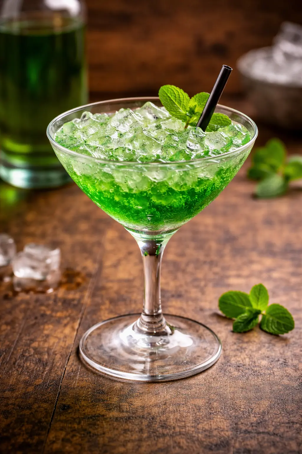 Minttufrappé cocktail minttulikööristä ja jäämurskasta cocktaillasissa