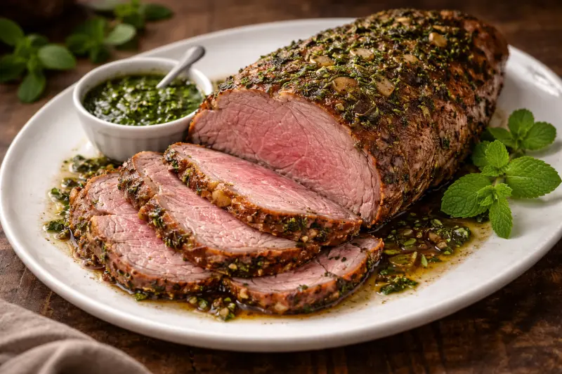 Mintulla maustettu lampaanpaisti tarjoilualustalla