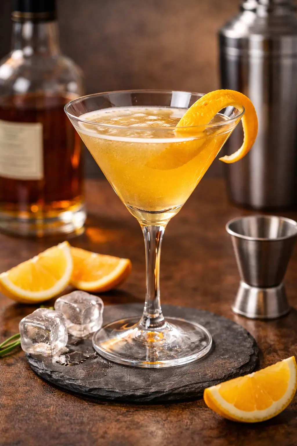 New Yorker cocktail viskistä, sitruunamehusta ja tomusokerista cocktaillasiin kaadettuna.