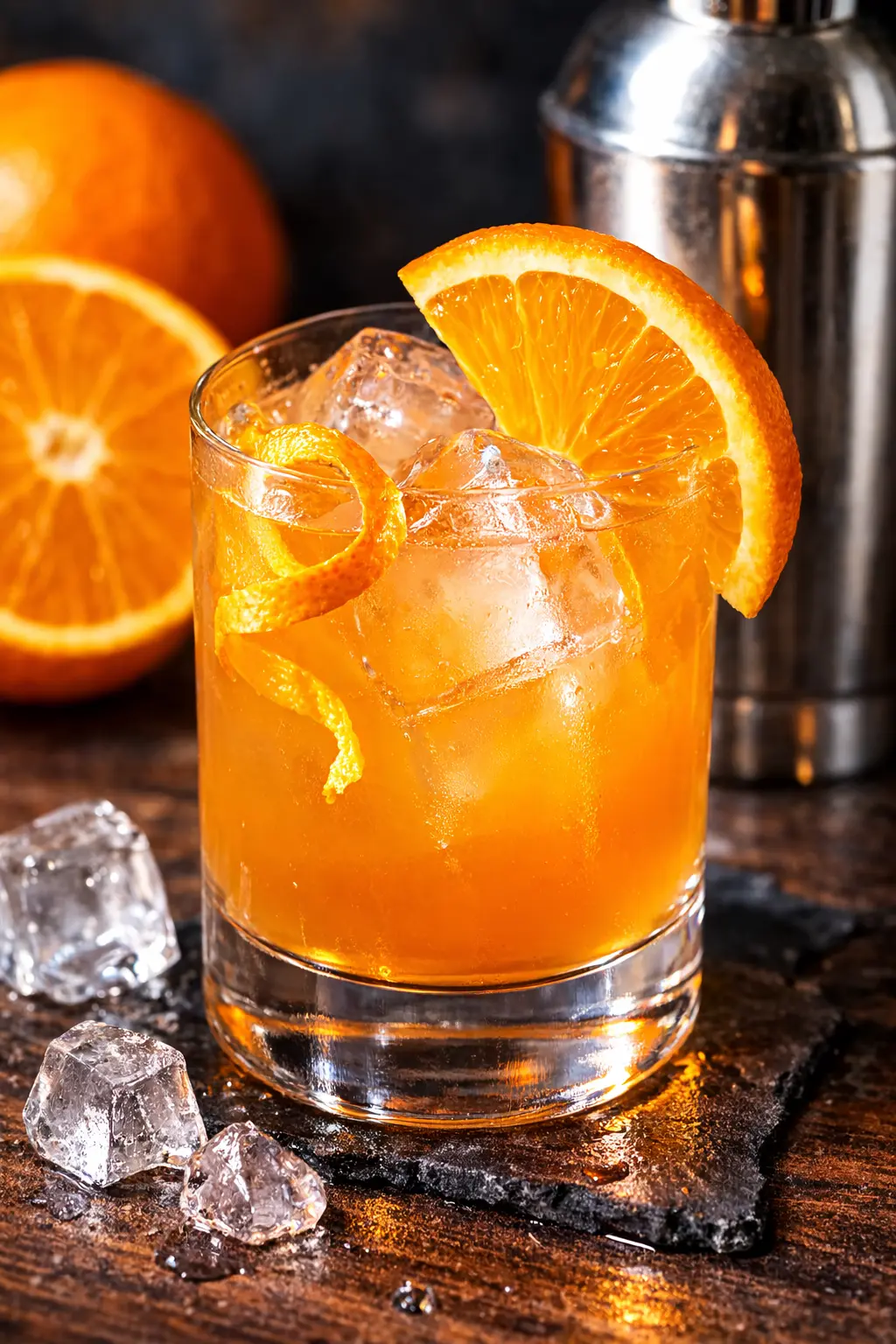 Orange Blossom -cocktail lasissa, appelsiiniviipale koristeluna