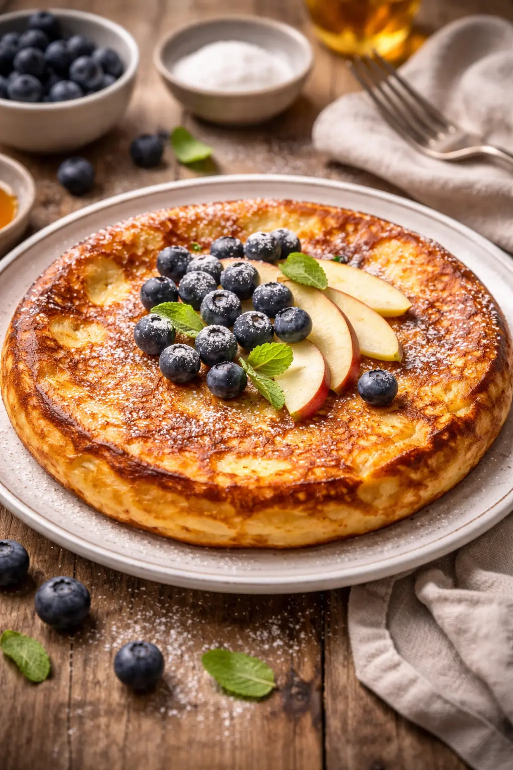 Paksu pachade-pannukakku tarjoiltuna mustikoiden ja omenaviipaleiden kanssa