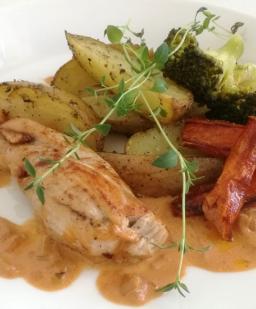 Paistetut broilerin rintafileepihvit lautasella