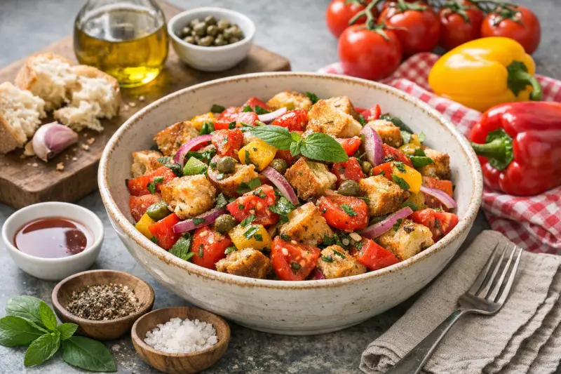Panzanella salaatti ja tuoreet raaka-aineet