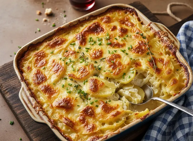 Peruna-juustopaistos tarjoiluvalmiina