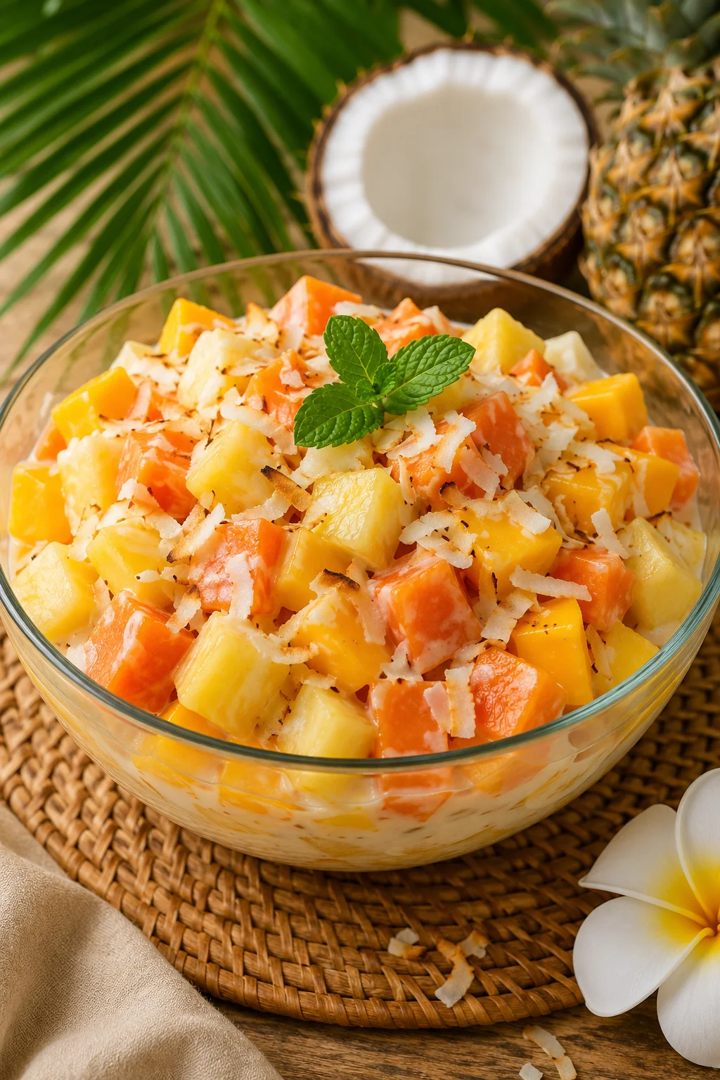 Piña colada tuoreista hedelmistä tarjoiltuna paahdetun kookoksen kanssa