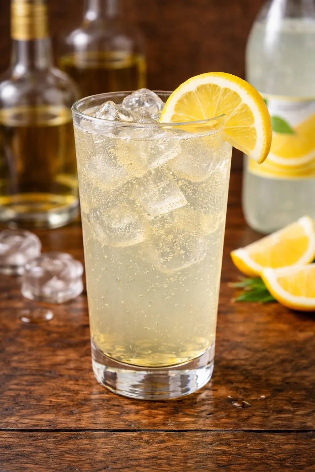 Pistiäinen rommijuoma grogilasissa jossa rommia, banaanilikööriä ja sitruunajuomaa jäiden kanssa