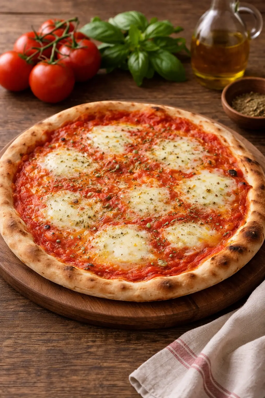 Pizza Margherita, jossa tomaattikastike ja sulanut juusto rapealla pohjalla