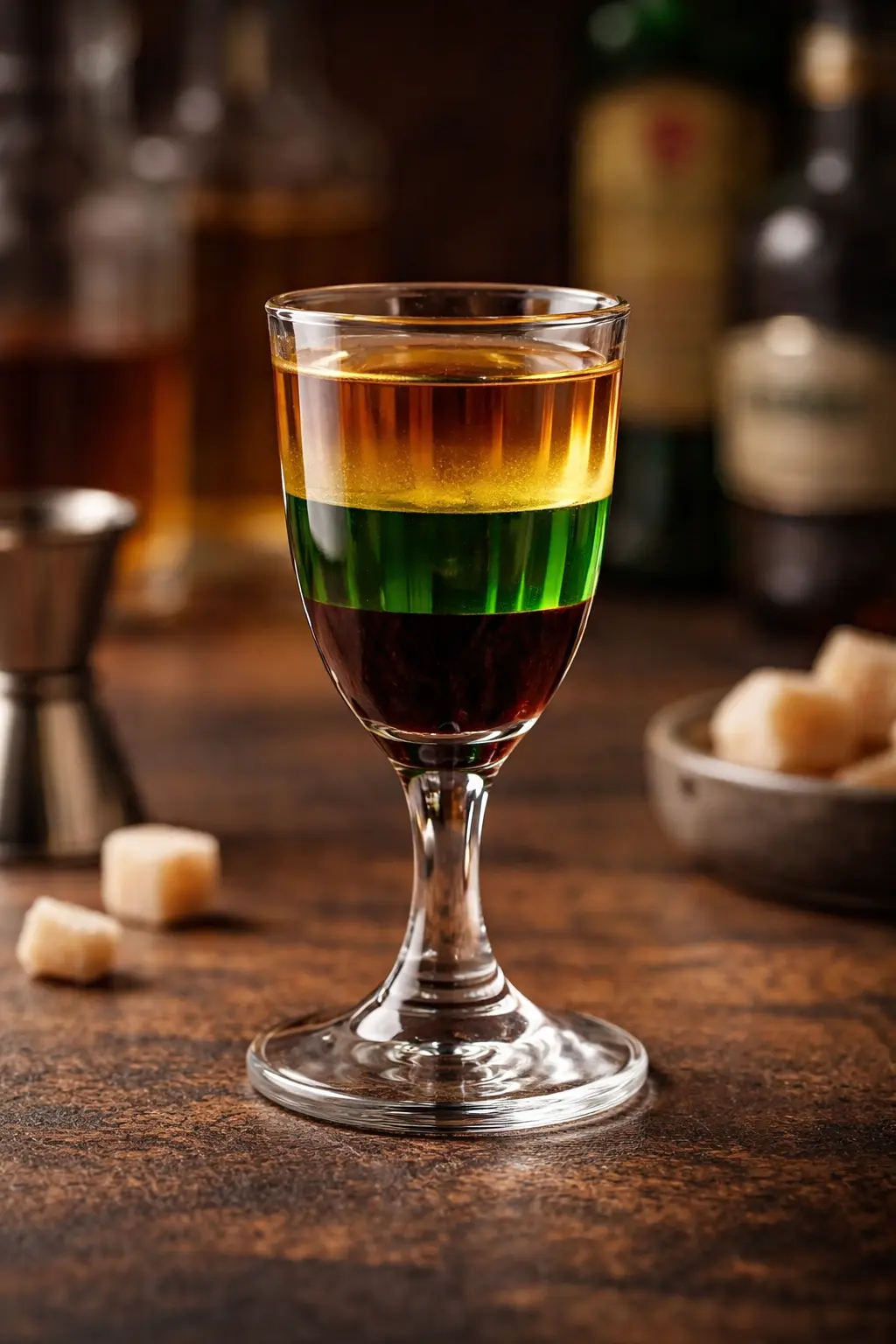 Pousse Café kerroscocktail kaakaolikööristä, Herba-likööristä ja omenaviinasta