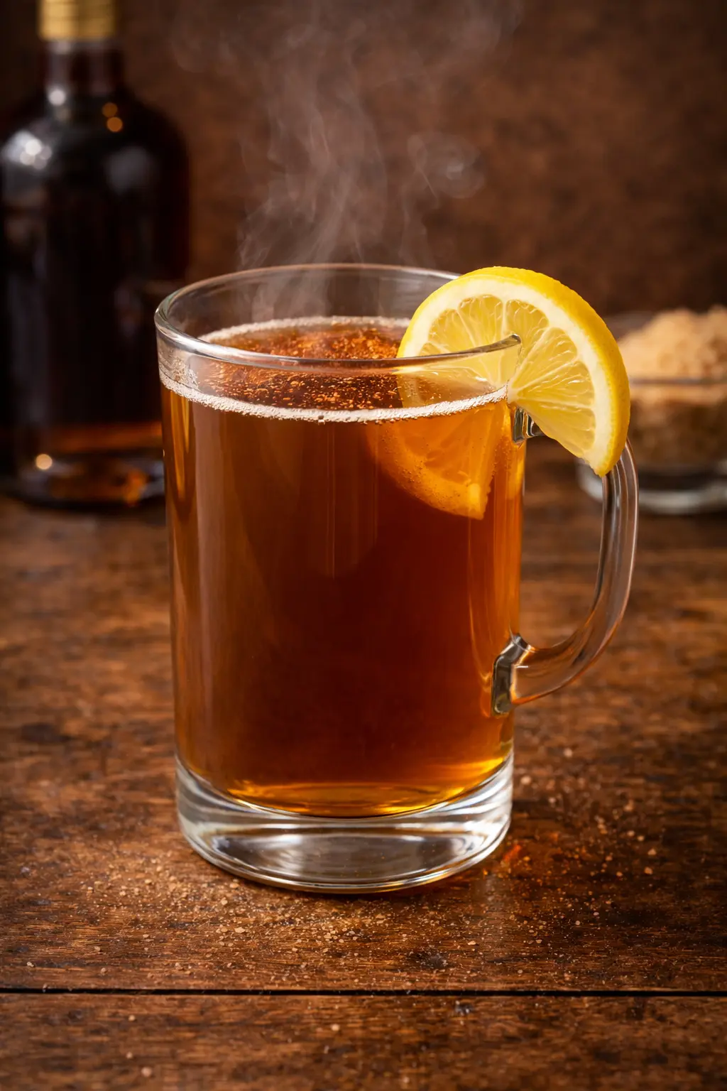 Rommitoti lämpimässä totilasissa sitruunaviipaleella ja ripauksella muskottia