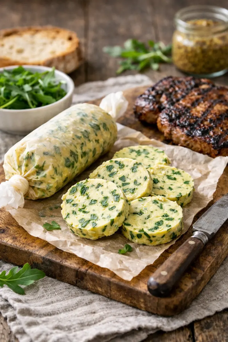 Skivor av rucolasmör med rucola och senap på skärbräda, serverade med grillad biff och bröd