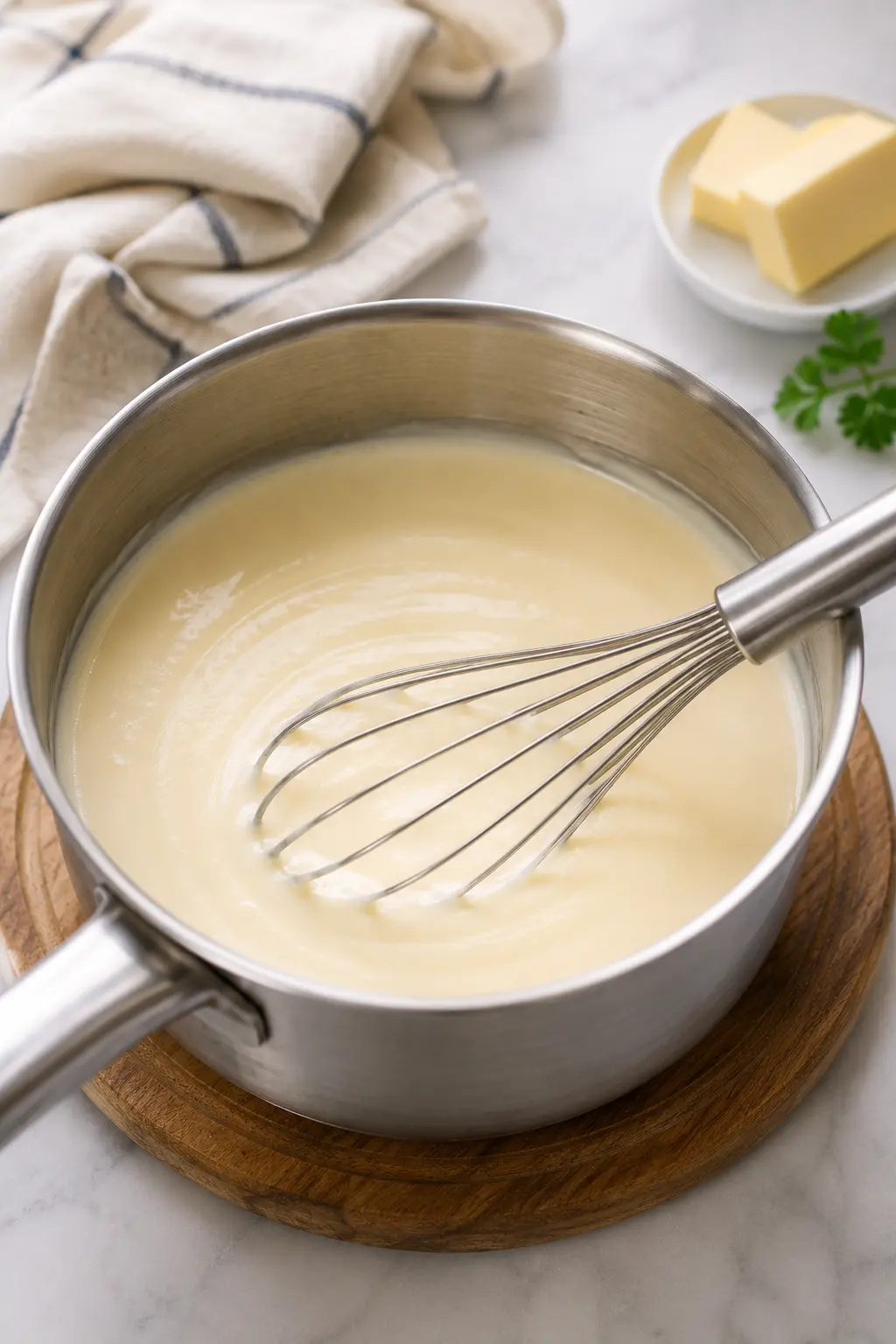 Silkkinen Sauce Suprême -kastike kattilassa
