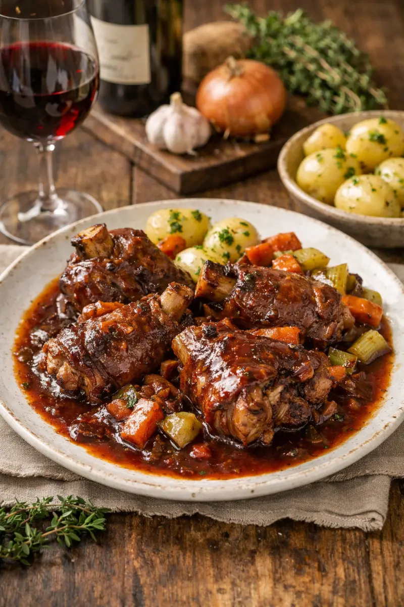 Sianpotkaa punaviinikastikkeessa tarjolla keitettyjen perunoiden kera