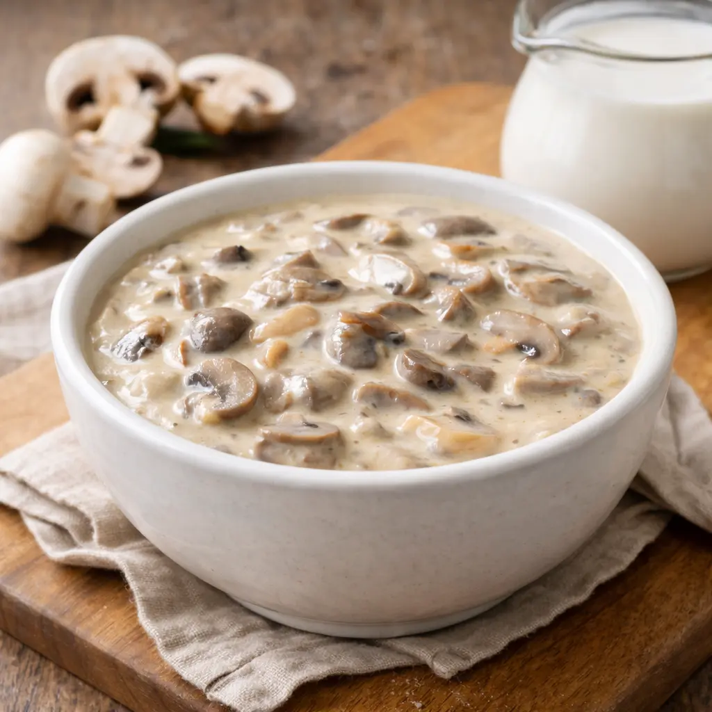 Sienikastike kulhossa, kermainen ja ruskea kastike, tarjoiluvalmis