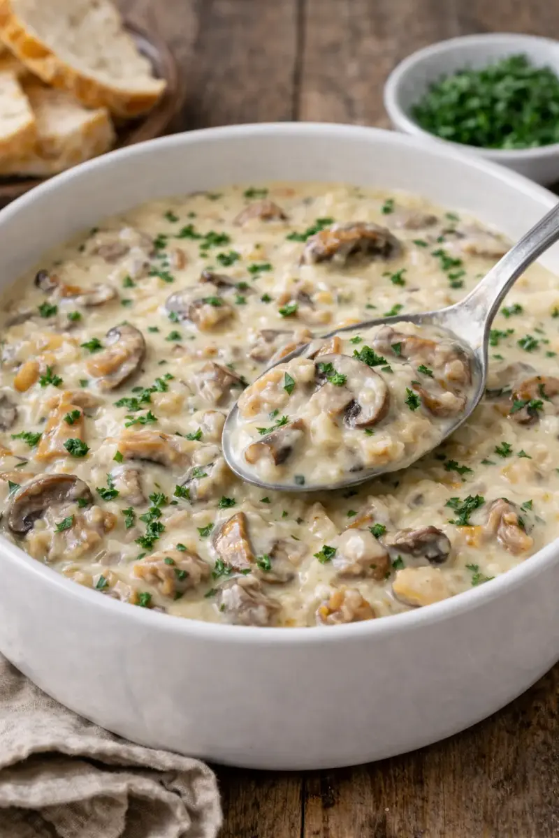 Sienimuhennosta kulhossa tarjoiluvalmiina