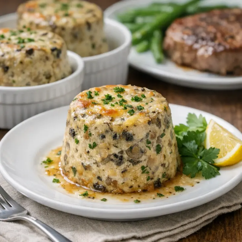 Uunissa kypsennetty sienitimbaali lautasella persiljalla ja sitruunalla koristeltuna