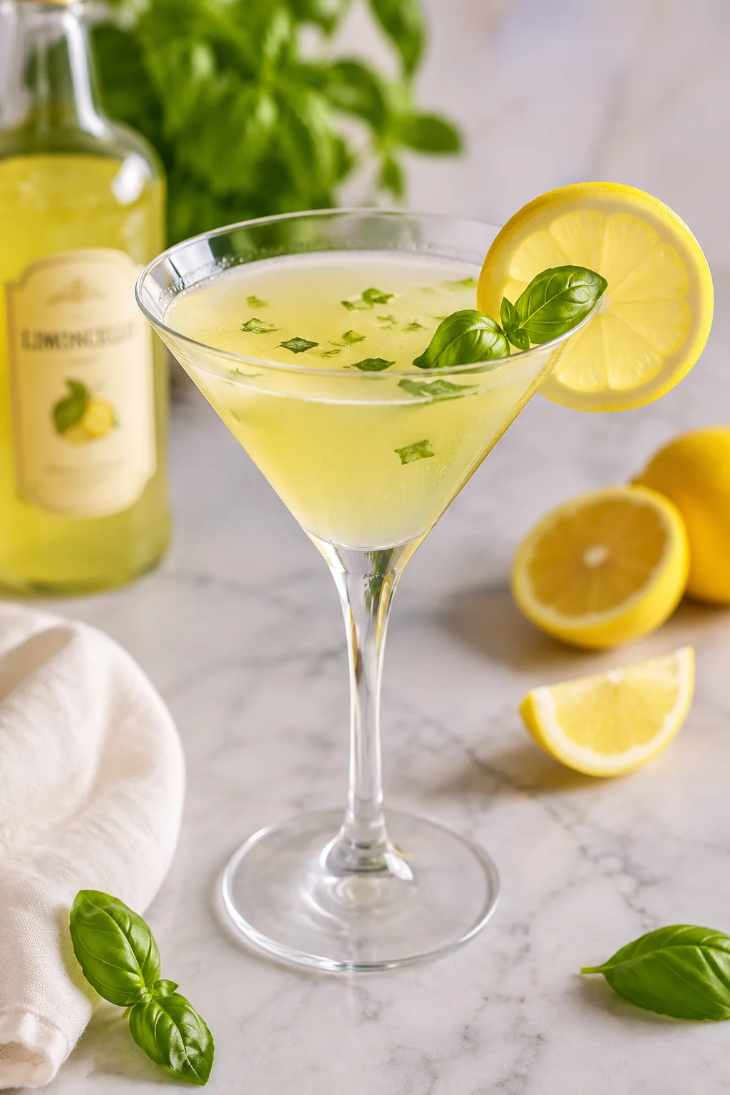 Sitruunamartini, sitruunalla ja basilikalla koristeltu cocktail martini-lasissa