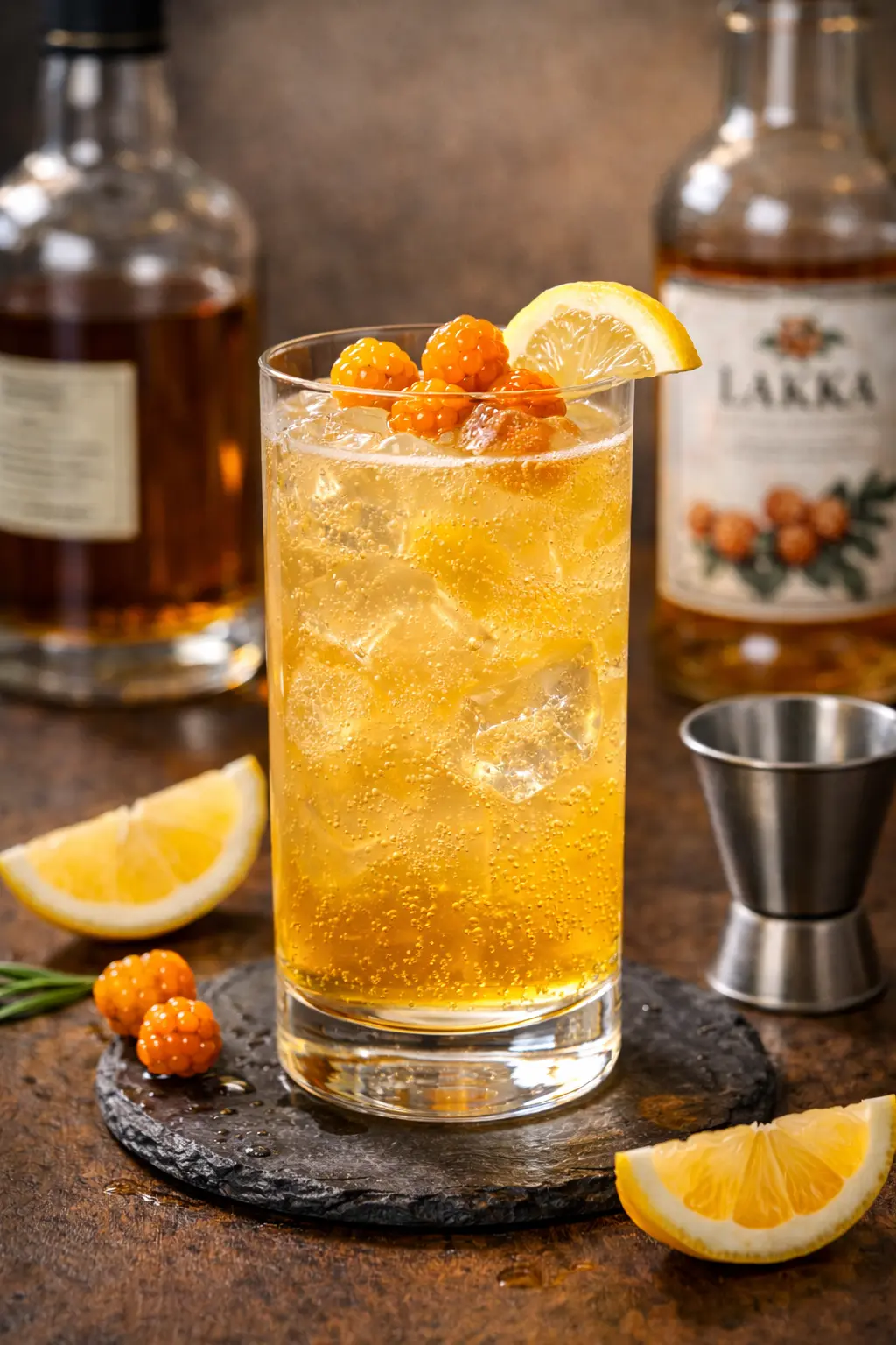 Suonsilmä cocktail viskistä ja lakkalikööristä grogilasissa jäiden kanssa.