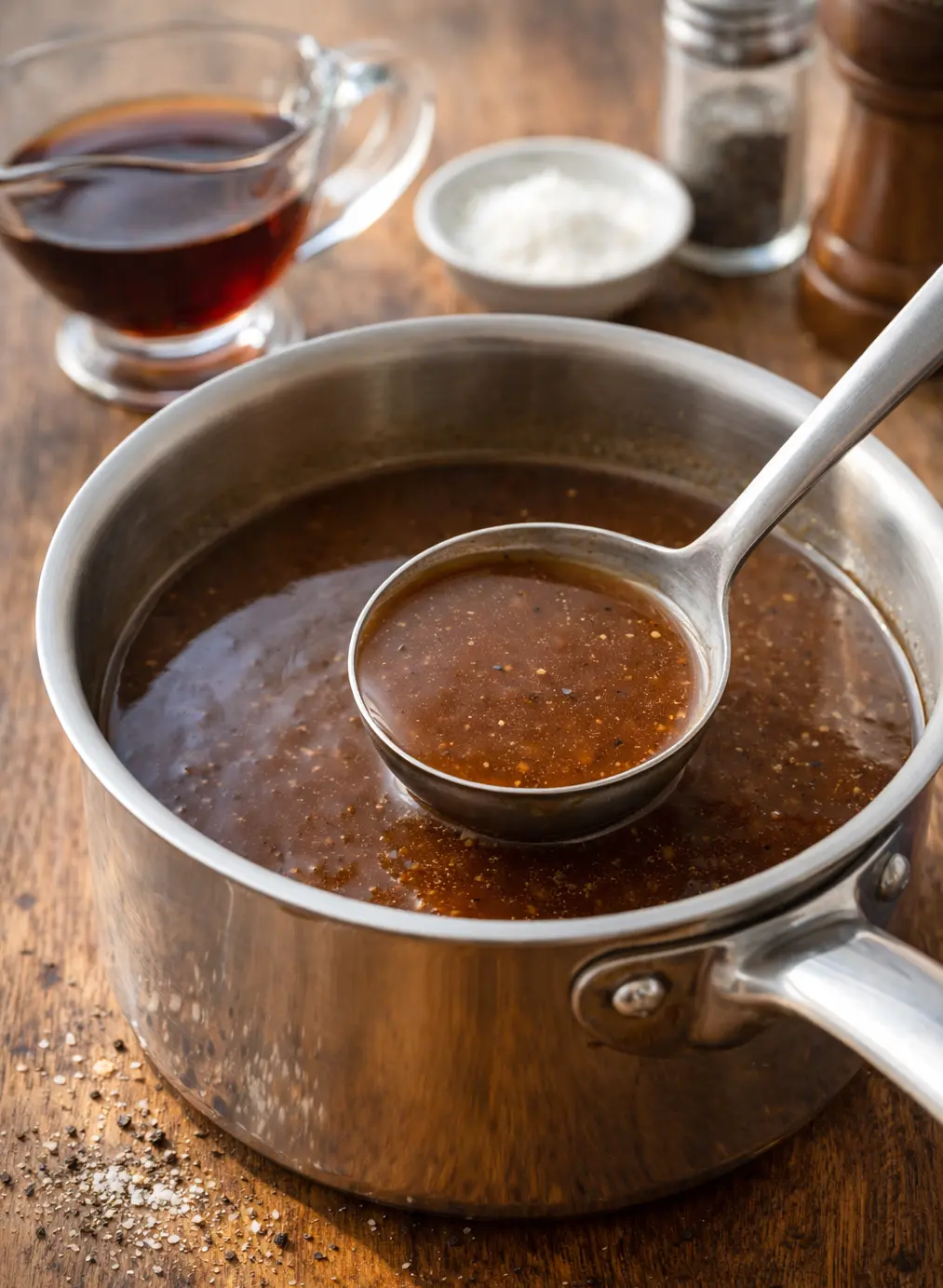 Suurustettu lihaliemi Keittotaidon tapaan, hopeisessa kattilassa, lusikalla annosteltuna