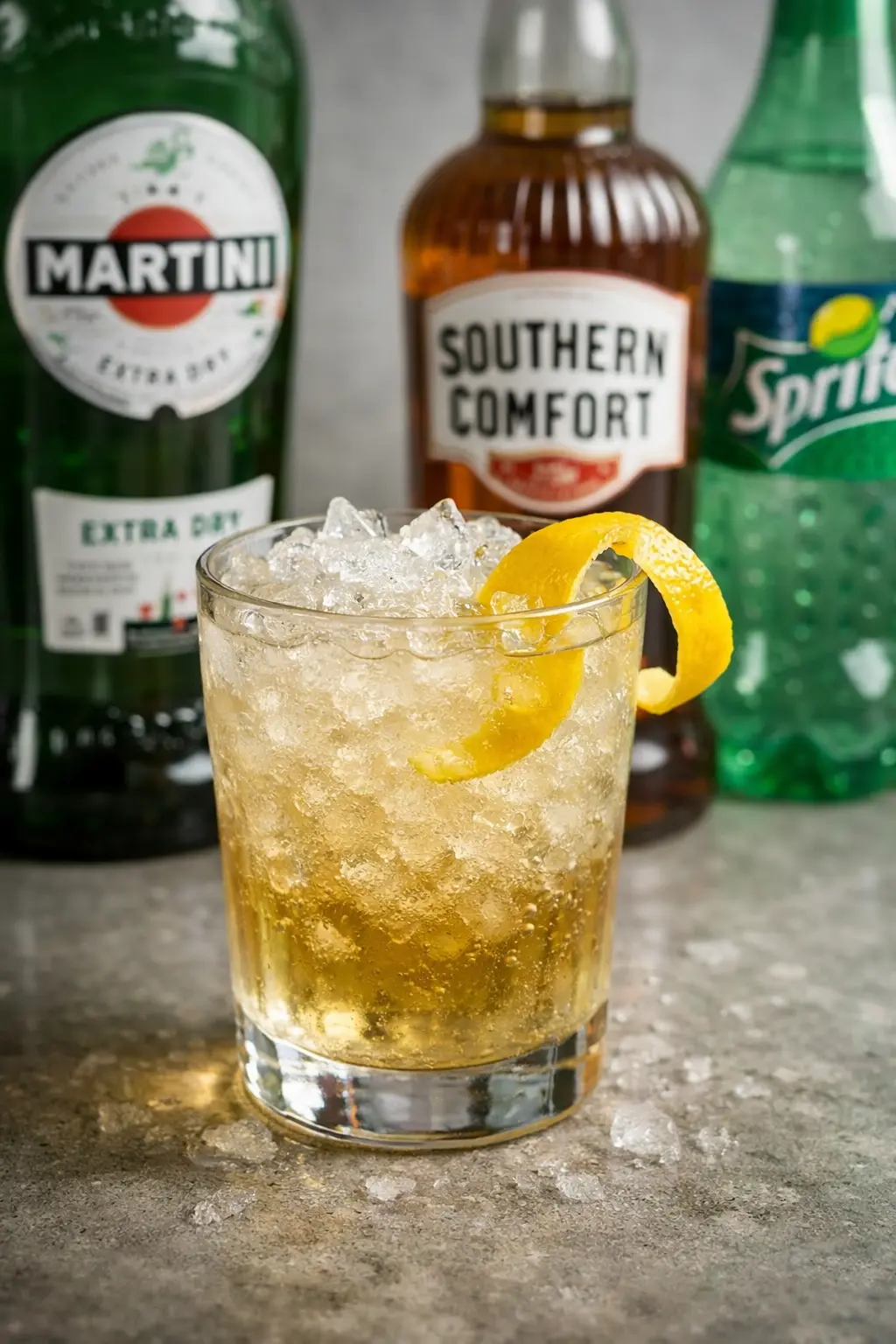 Tango cocktail grogilasissa, jäärouhetta ja sitruunankuorikiehkura