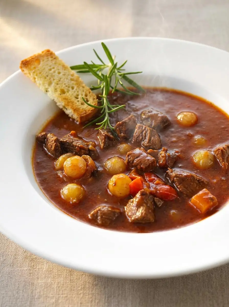 Mörk oxsoppa serverad