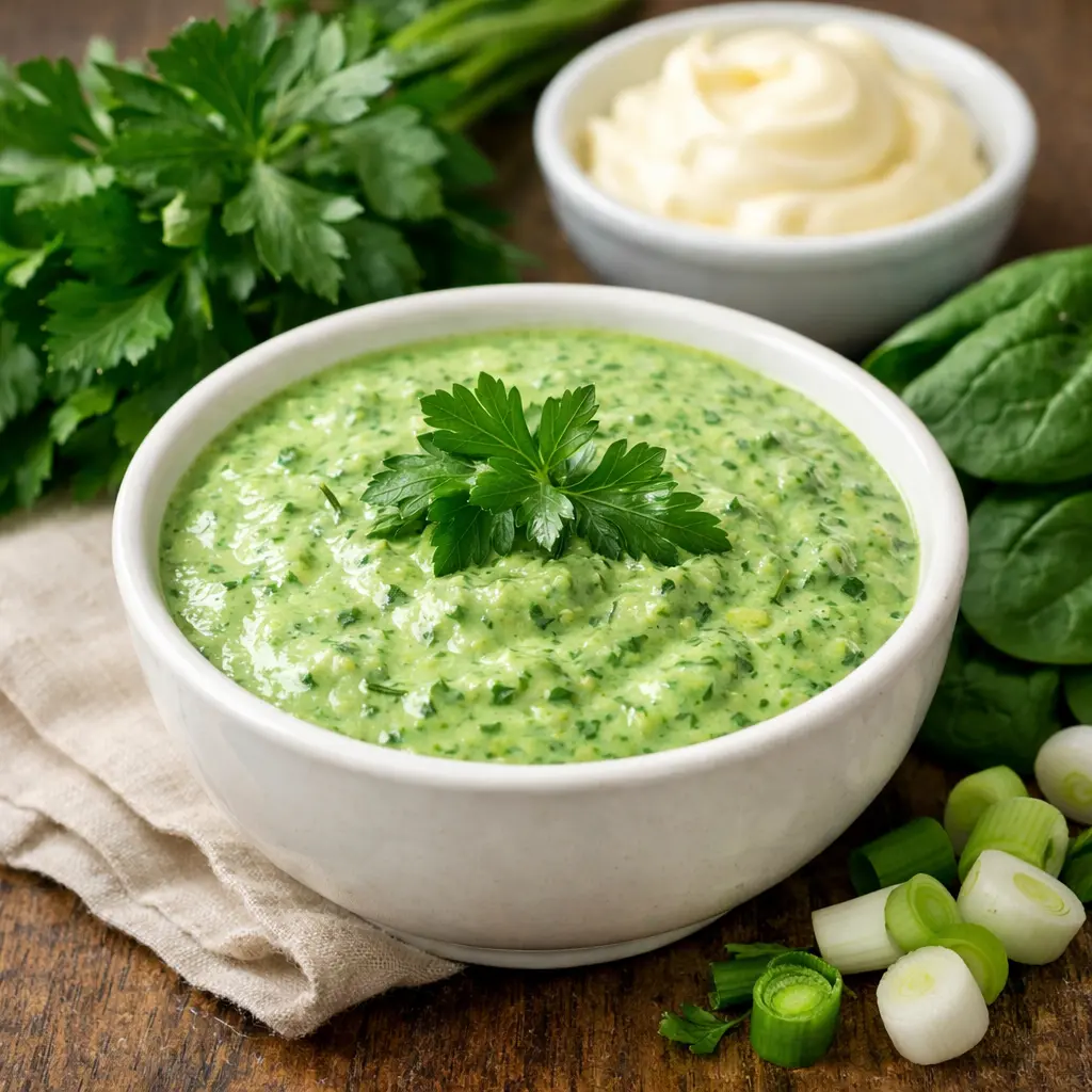 Vihreä kastike kulhossa, persilja- ja pinaattipohjainen, koristeena persiljan lehti