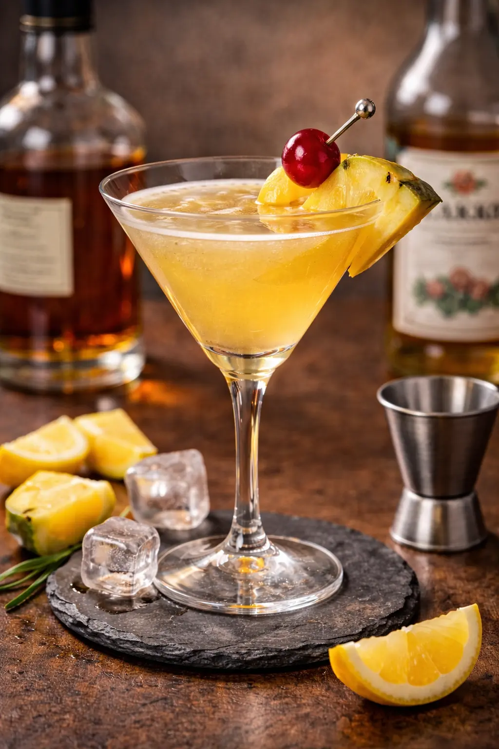 Wembley cocktail viskistä, kuivasta vermutista ja ananasmehusta cocktaillasissa.